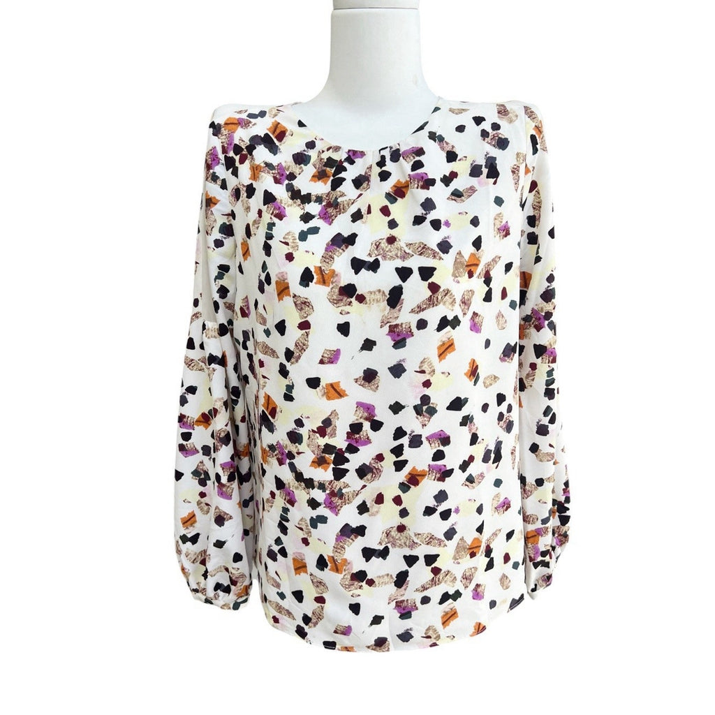 Cooper & Ella Blouse Women's Sz XS Long Sleeve Top Abstract Pleated Neck Keyhole