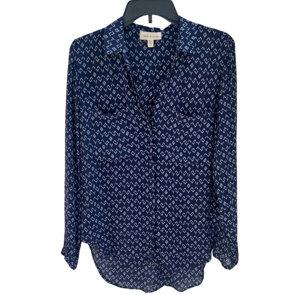 Cloth and Stone Geometric Long Sleeve Sheer Button Down Blouse Navy White XS