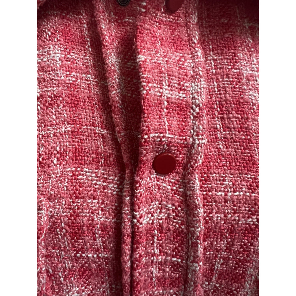 ZARA Red Pink Plaid Tweed Oversized Shacket Snap Button Down Jacket Raw Hem Sz S