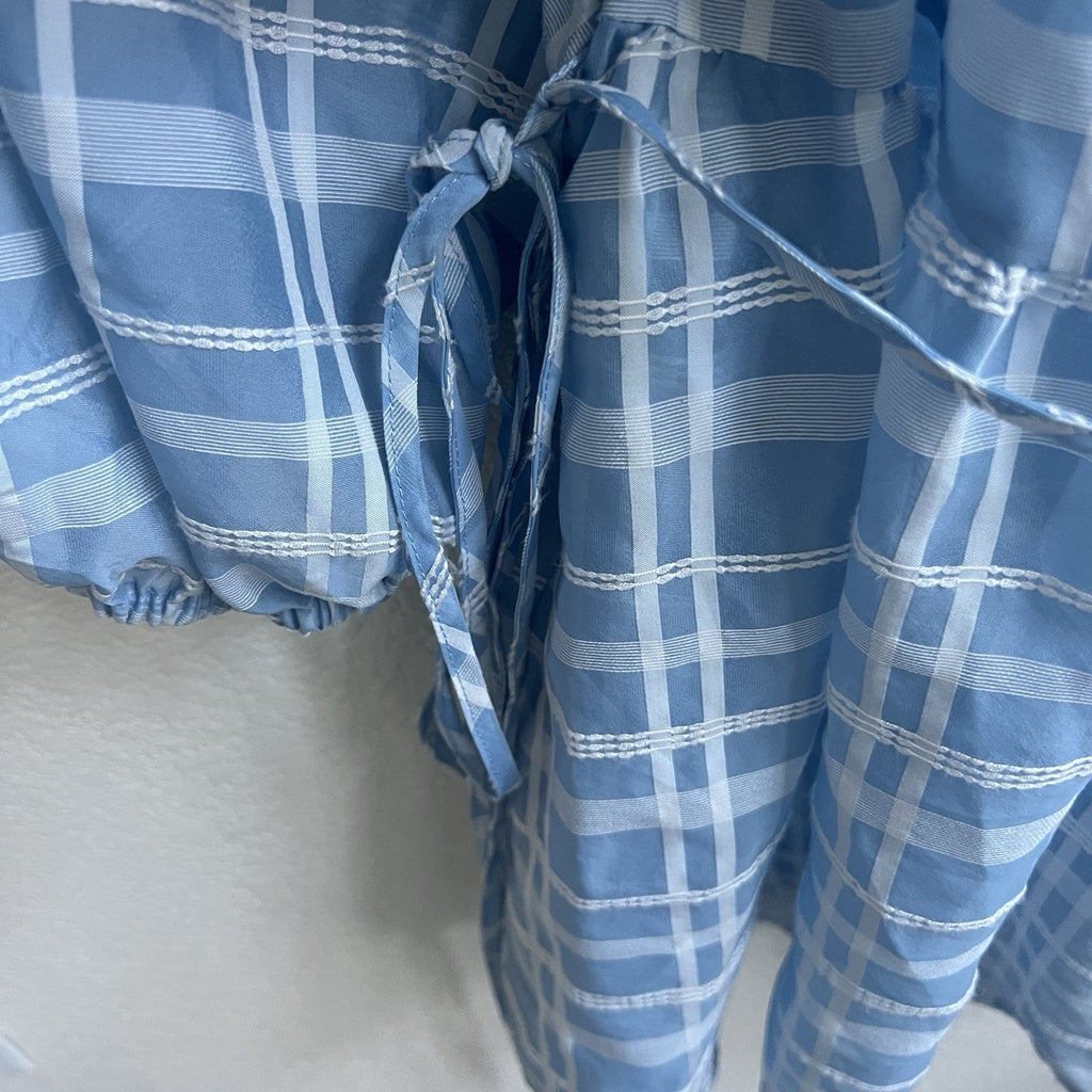 Future Collective Target Blue Plaid Wrap Tie Blouse Puff Sleeve XL Sheer Cottage