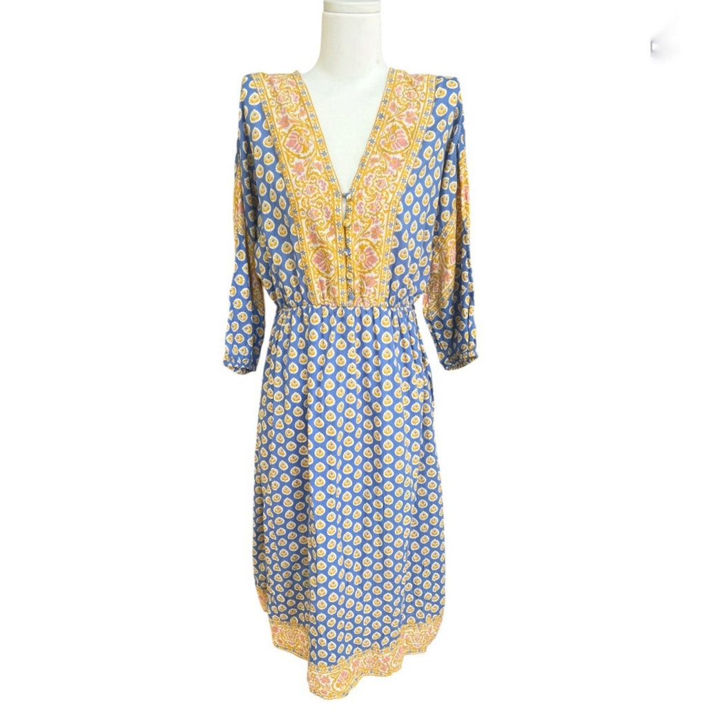 J. Crew Womens Midi Dress 3/4 Slv V Neck Cotton Sz XS "No Belt" Casual Peasant