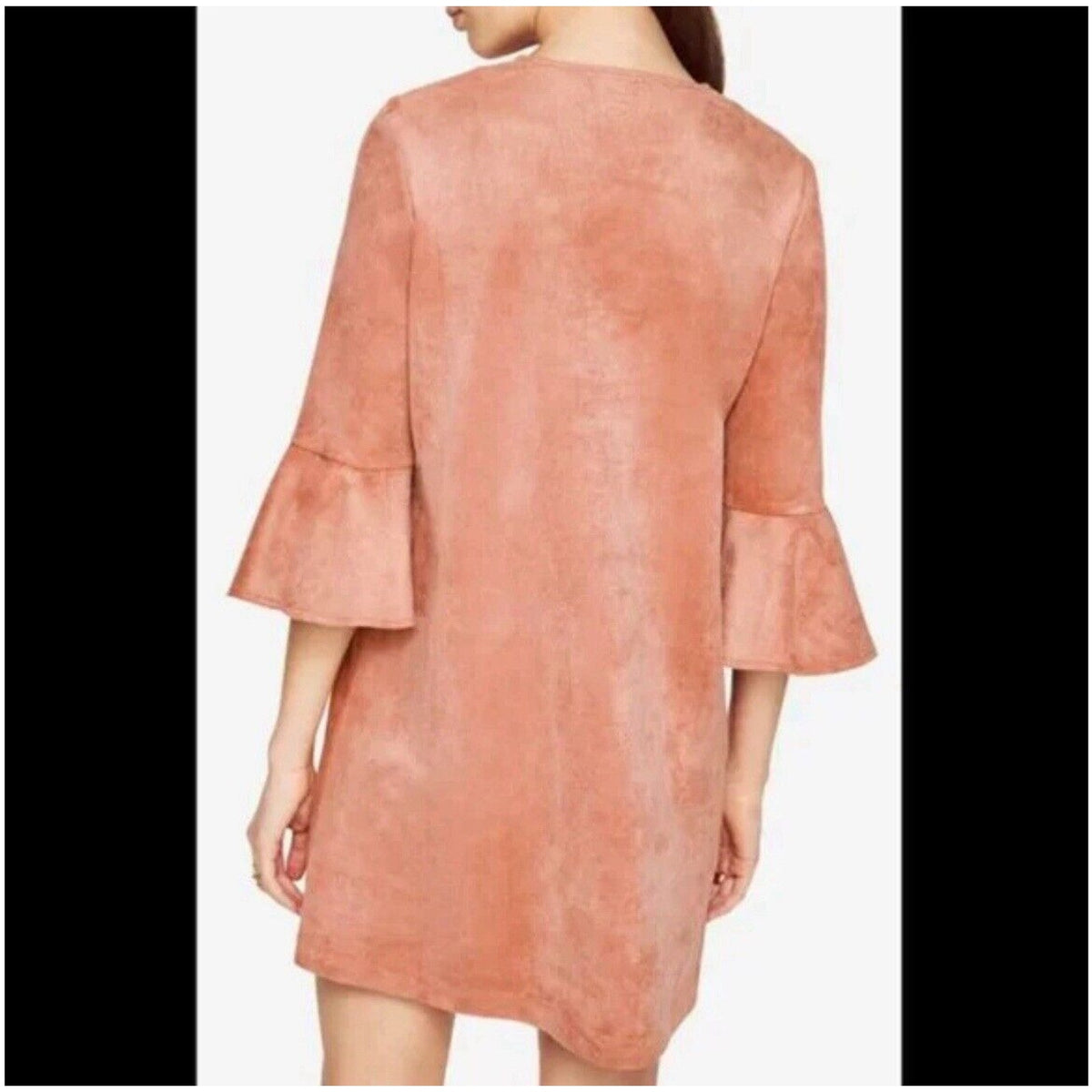BCBGMAXAZRIA Faux Suede Cartier Dress Shift Ruffled Bell Sleeves Sz M Clay Pink