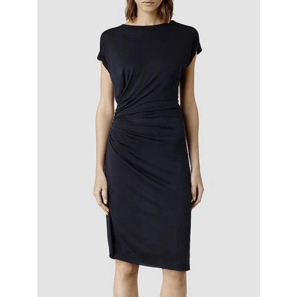 All Saints Alix Midi Dress Knit Dark Navy Blue Asymmetric Ruched Sz US 2 UK 6