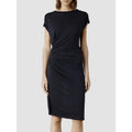 All Saints Alix Midi Dress Knit Dark Navy Blue Asymmetric Ruched Sz US 2 UK 6