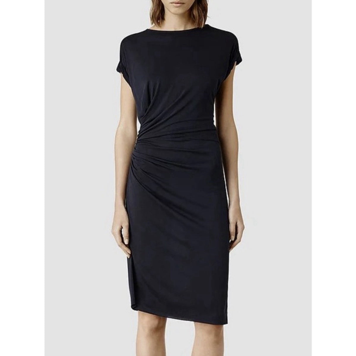 All Saints Alix Midi Dress Knit Dark Navy Blue Asymmetric Ruched Sz US 2 UK 6