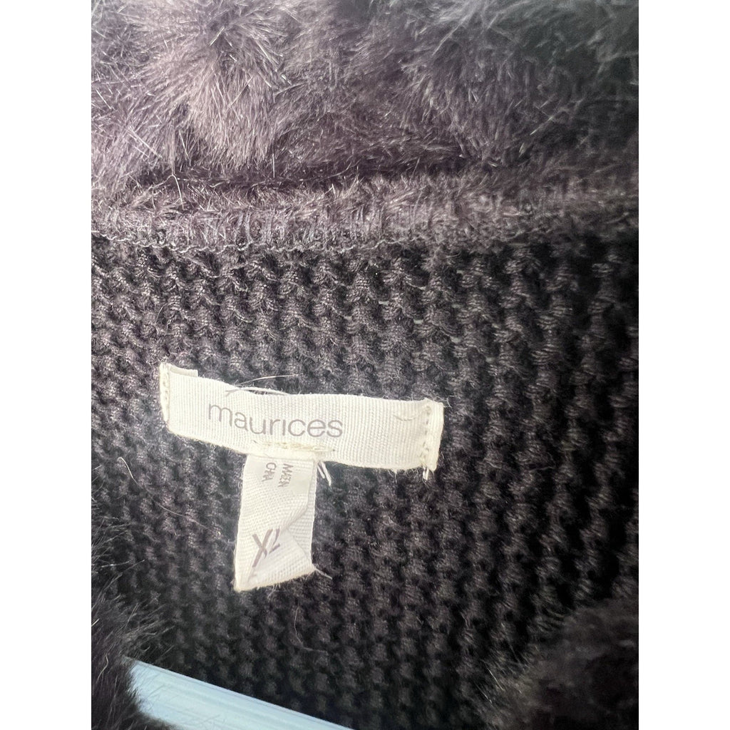 Maurices Black Faux Fur Knit Vest Women XL Zip Front Drawstring Waist