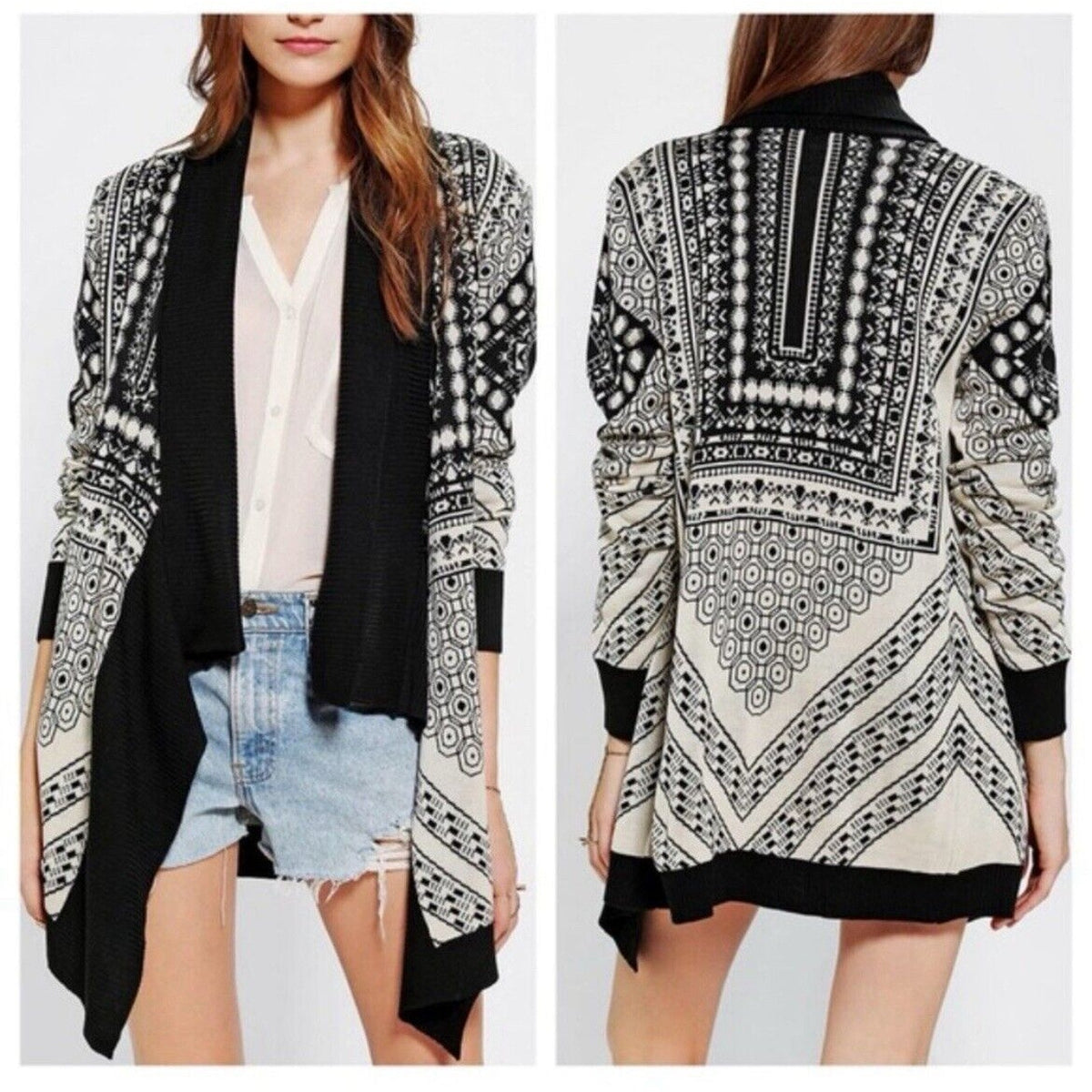 UO Staring at Stars Open Cardigan Sweater XS Black Ivory Aztec Southwestern Boho