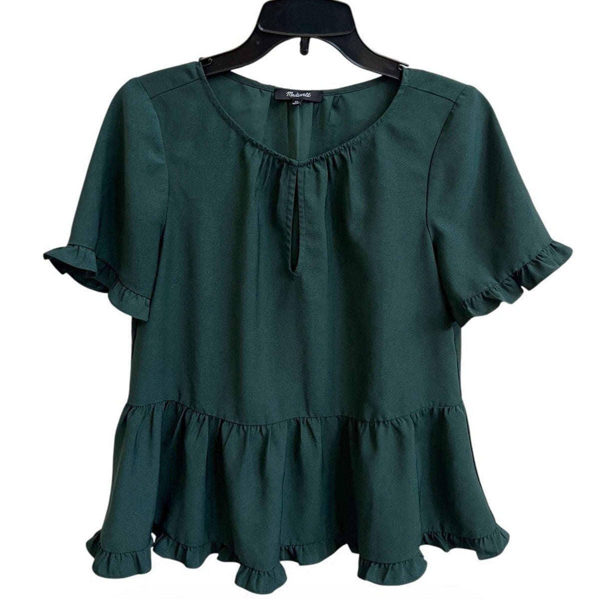 MADEWELL Peplum Blouse Top Smoky Spruce Green XS Ruffle Keyhole Short Slv Casual