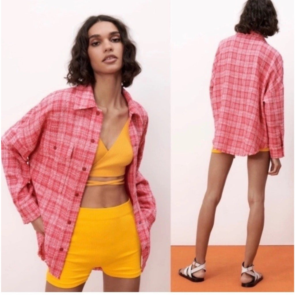 ZARA Red Pink Plaid Tweed Oversized Shacket Snap Button Down Jacket Raw Hem Sz S