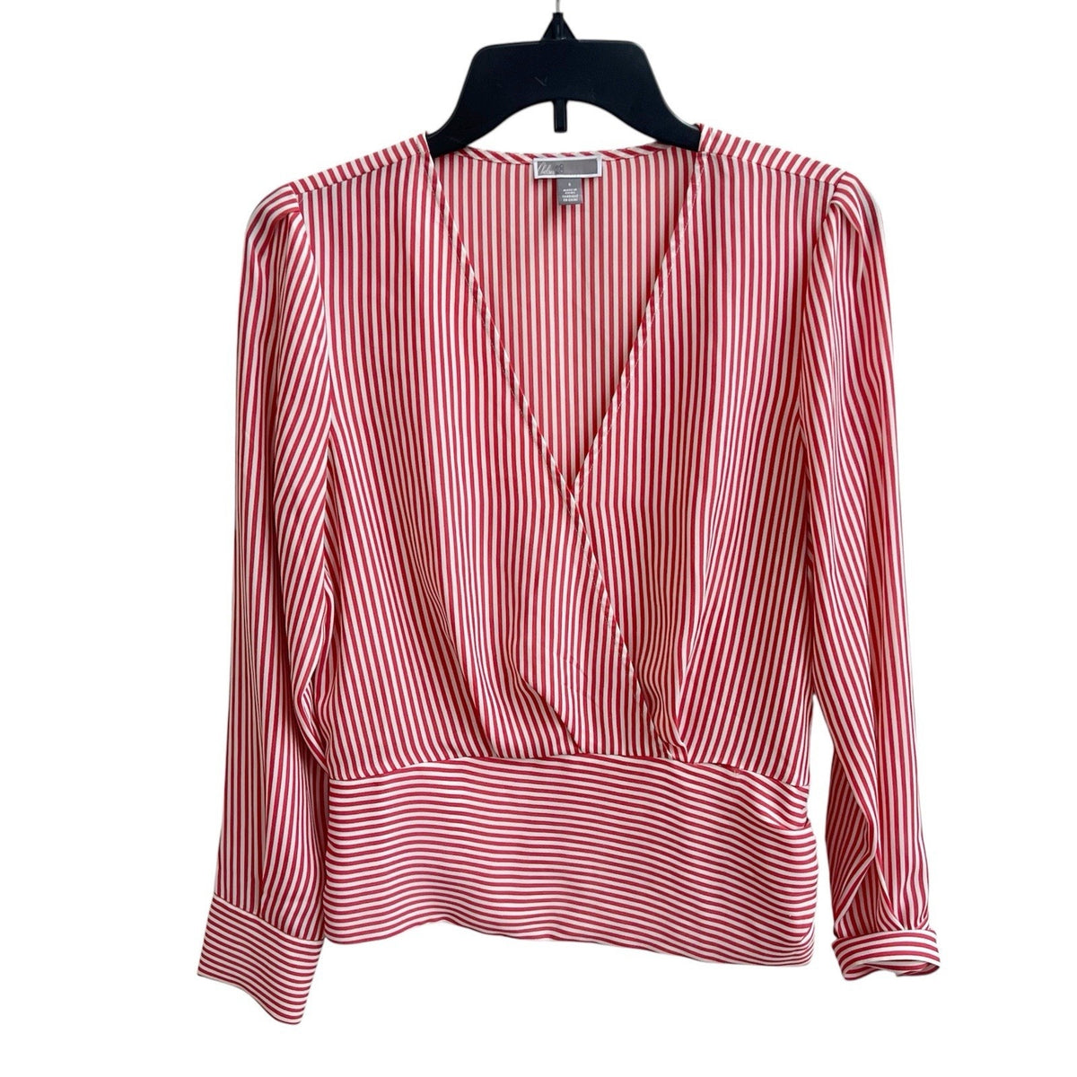 Chelsea28 Women's Blouse V Neck Faux Wrap Long Slv Top Red Stripe Office Sz S