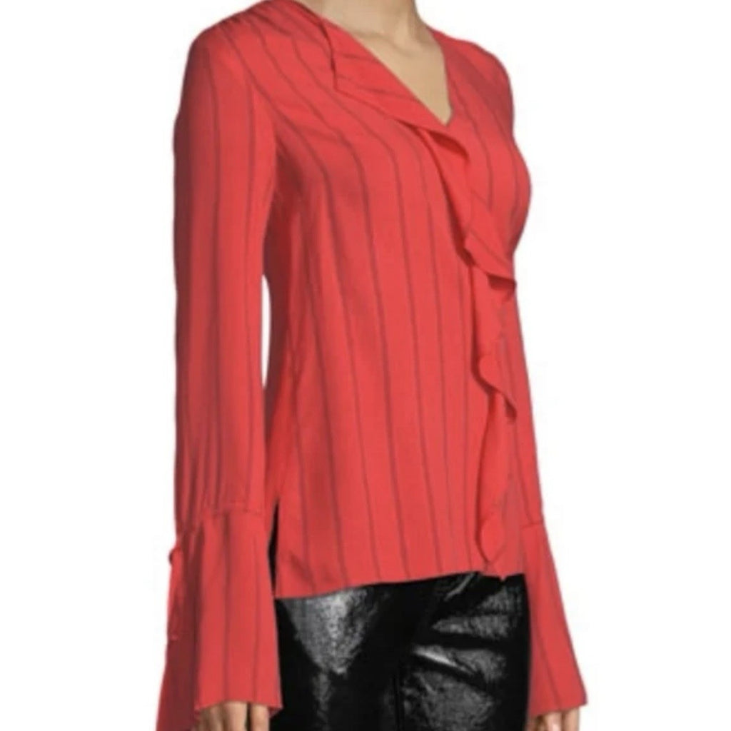 Derek Lam 10 Crosby Top 0 Striped V-Neck Ruffle Trim Long Slv Blouse Oversized