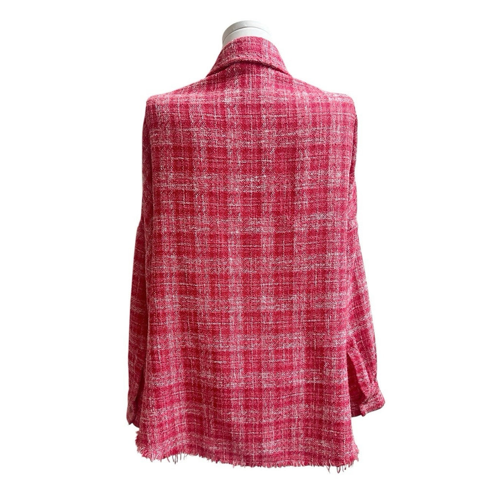ZARA Red Pink Plaid Tweed Oversized Shacket Snap Button Down Jacket Raw Hem Sz S