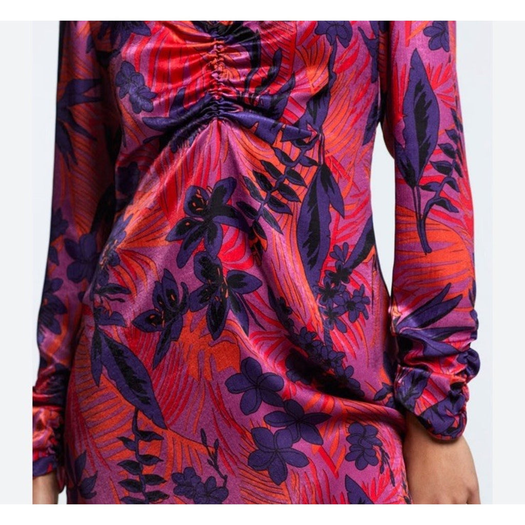 Zara Womens Sz S Floral Print Long Sleeve Satin Dress V Neck Ruched Front