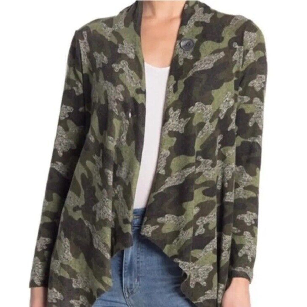 BOBEAU Camouflage Camo Open Draped Soft Slub Knit Cardigan Green Gray Sz S