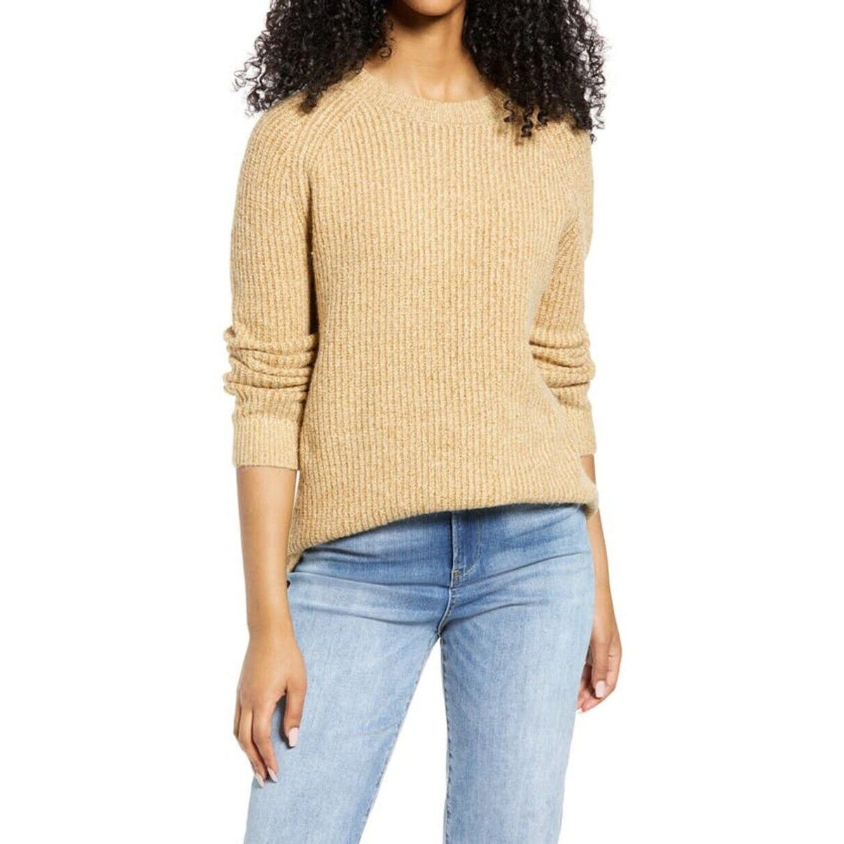 BP Nordstrom Womens NWT Plaited Stitch Crewneck Pullover Sweater Tan Sz S Knit