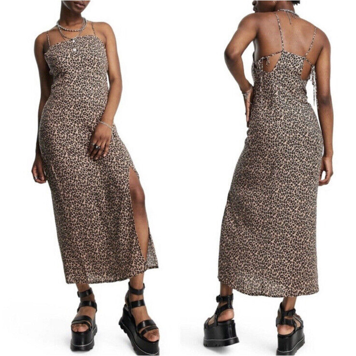 Topshop Animal Print Leopard Midi Slip Dress Sheath Strappy Sz 8 Front Slit