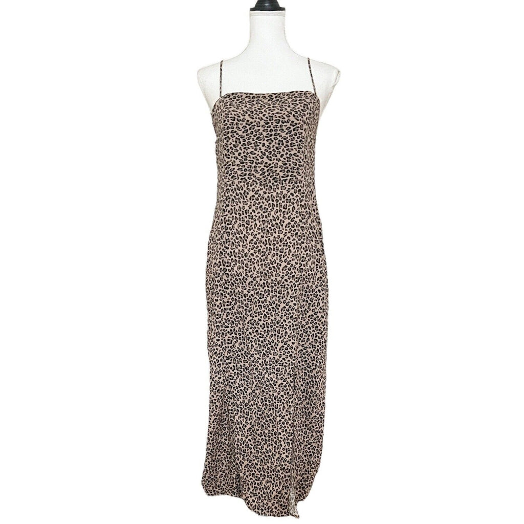 Topshop Animal Print Leopard Midi Slip Dress Sheath Strappy Sz 8 Front Slit
