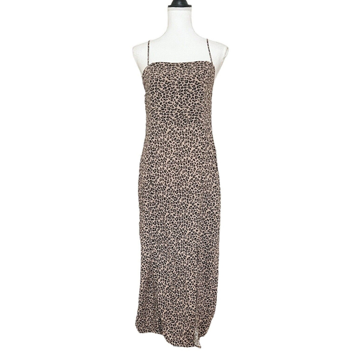Topshop Animal Print Leopard Midi Slip Dress Sheath Strappy Sz 8 Front Slit