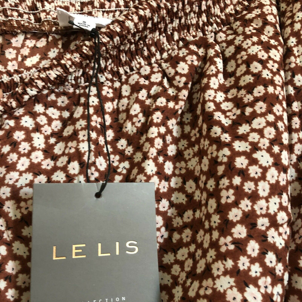 LE LIS NWT Romper Floral Off The Shoulder Sz S Brown White Ruffle Cinched Waist