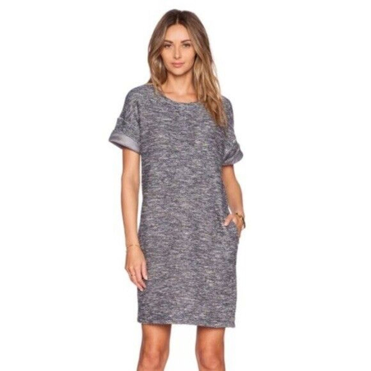 Vince Rolled Cuff Marled Terry Tee Shift Dress Short Slv Boucle Blue Gray Sz XS