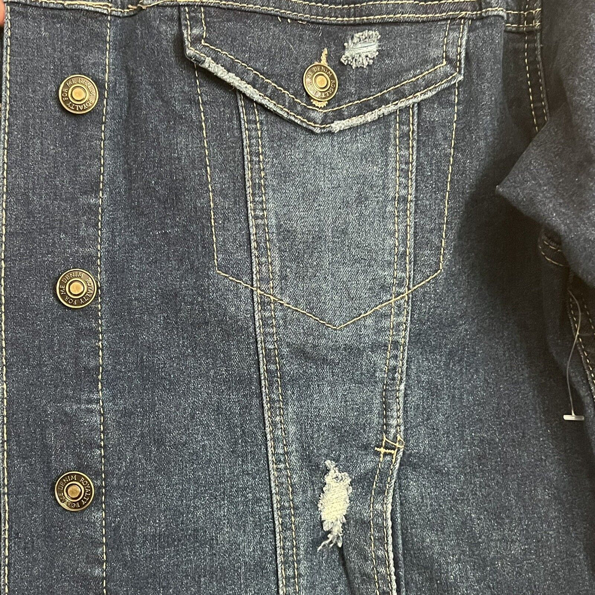 Royalty For Me Women's Distressed Blue Denim Jean Jacket Button Front Sz S NWOT