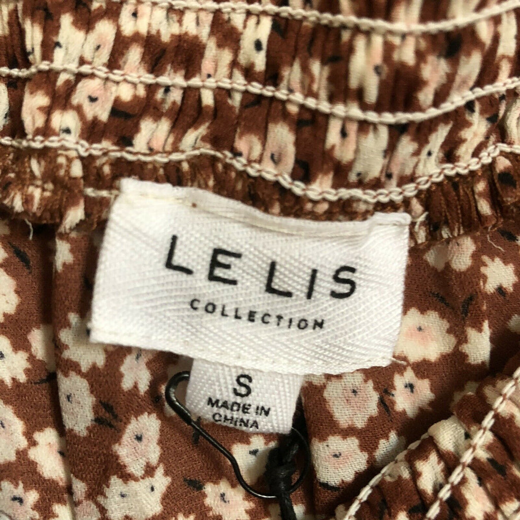 LE LIS NWT Romper Floral Off The Shoulder Sz S Brown White Ruffle Cinched Waist