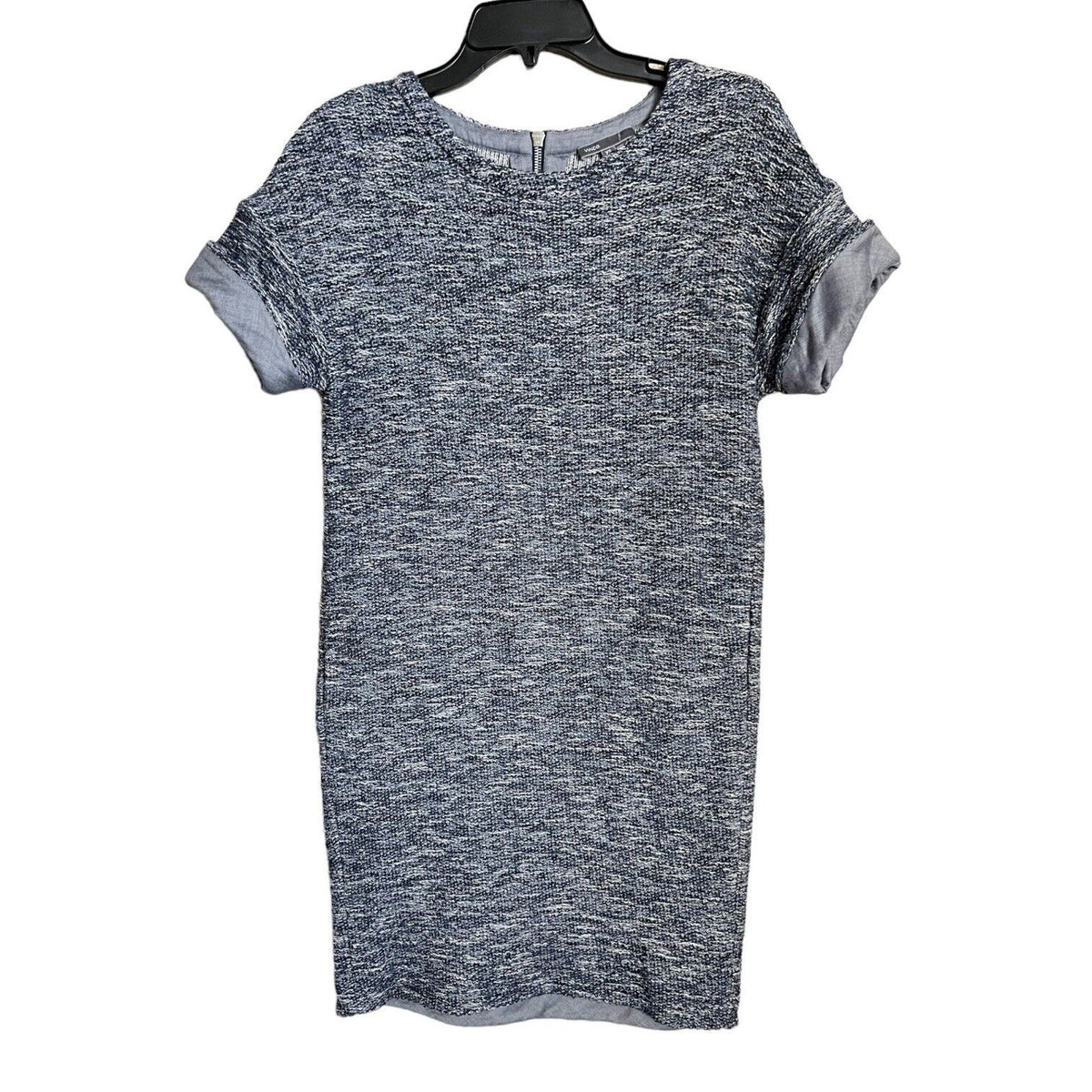 Vince Rolled Cuff Marled Terry Tee Shift Dress Short Slv Boucle Blue Gray Sz XS