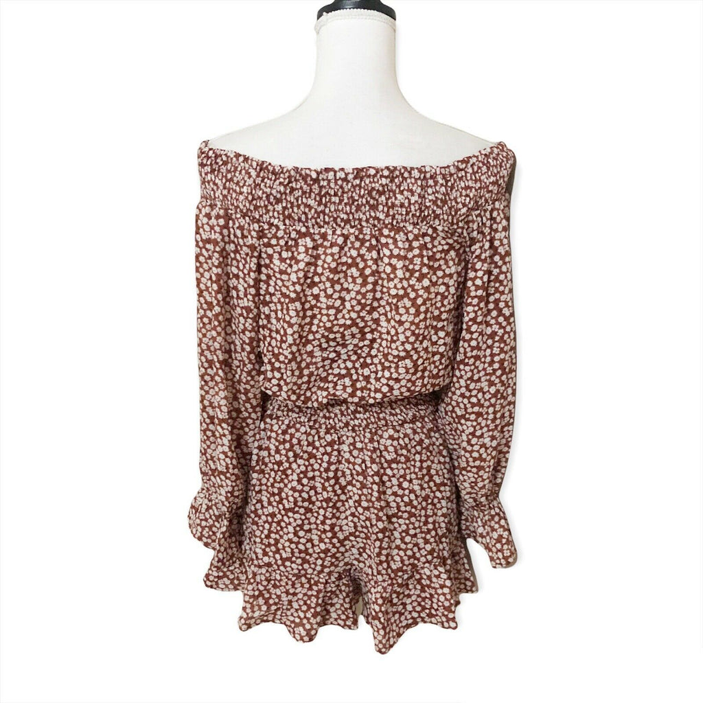 LE LIS NWT Romper Floral Off The Shoulder Sz S Brown White Ruffle Cinched Waist