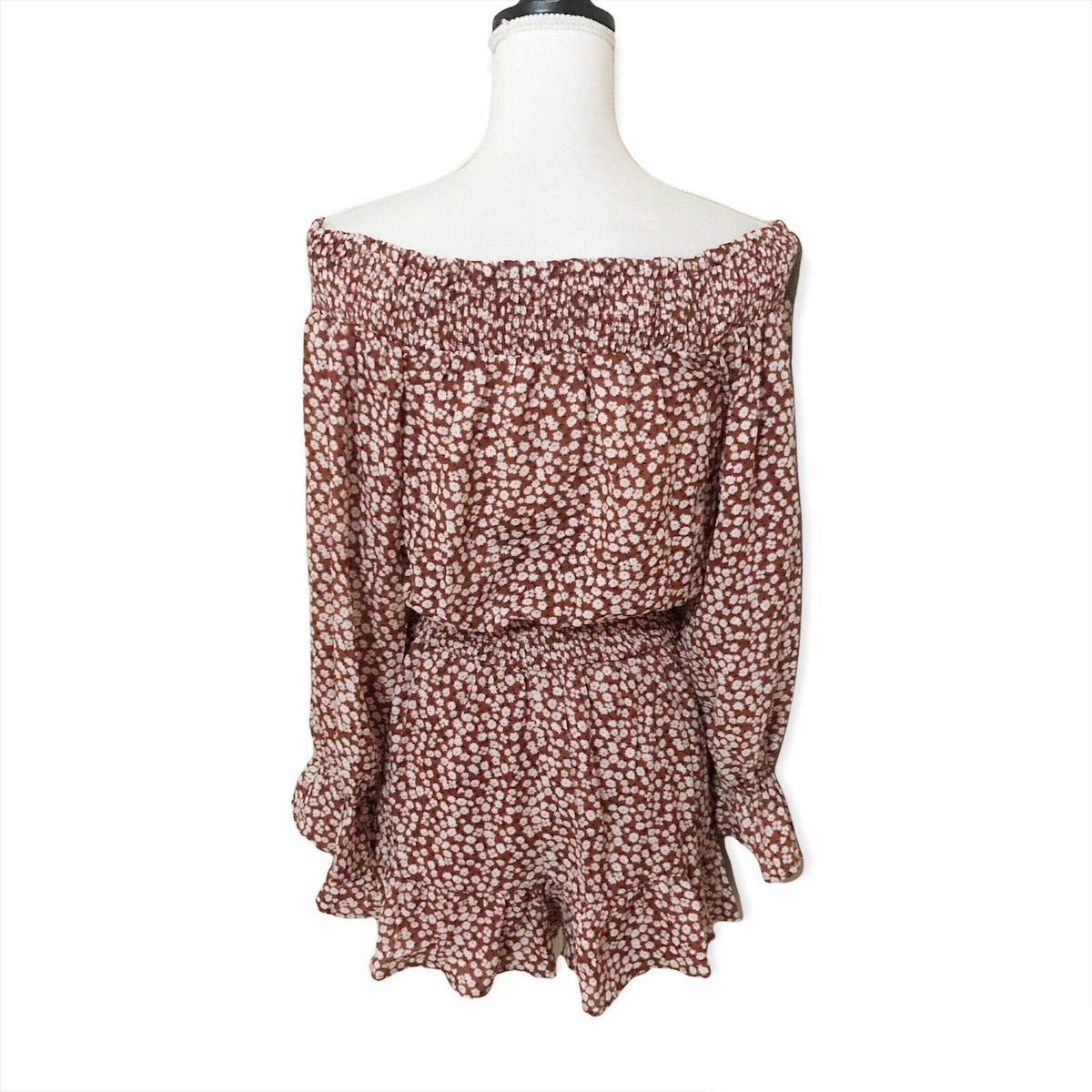 LE LIS NWT Romper Floral Off The Shoulder Sz S Brown White Ruffle Cinched Waist